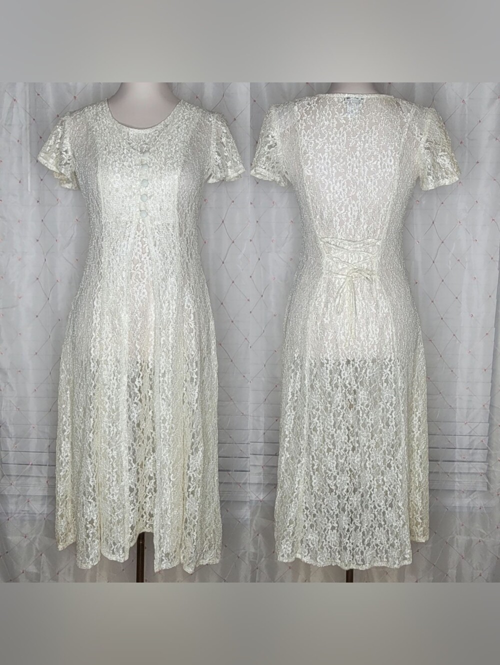 Vtg 80s 90s Cream Sheer Lace‎ Sheath Maxi Dress Romantic Timeless